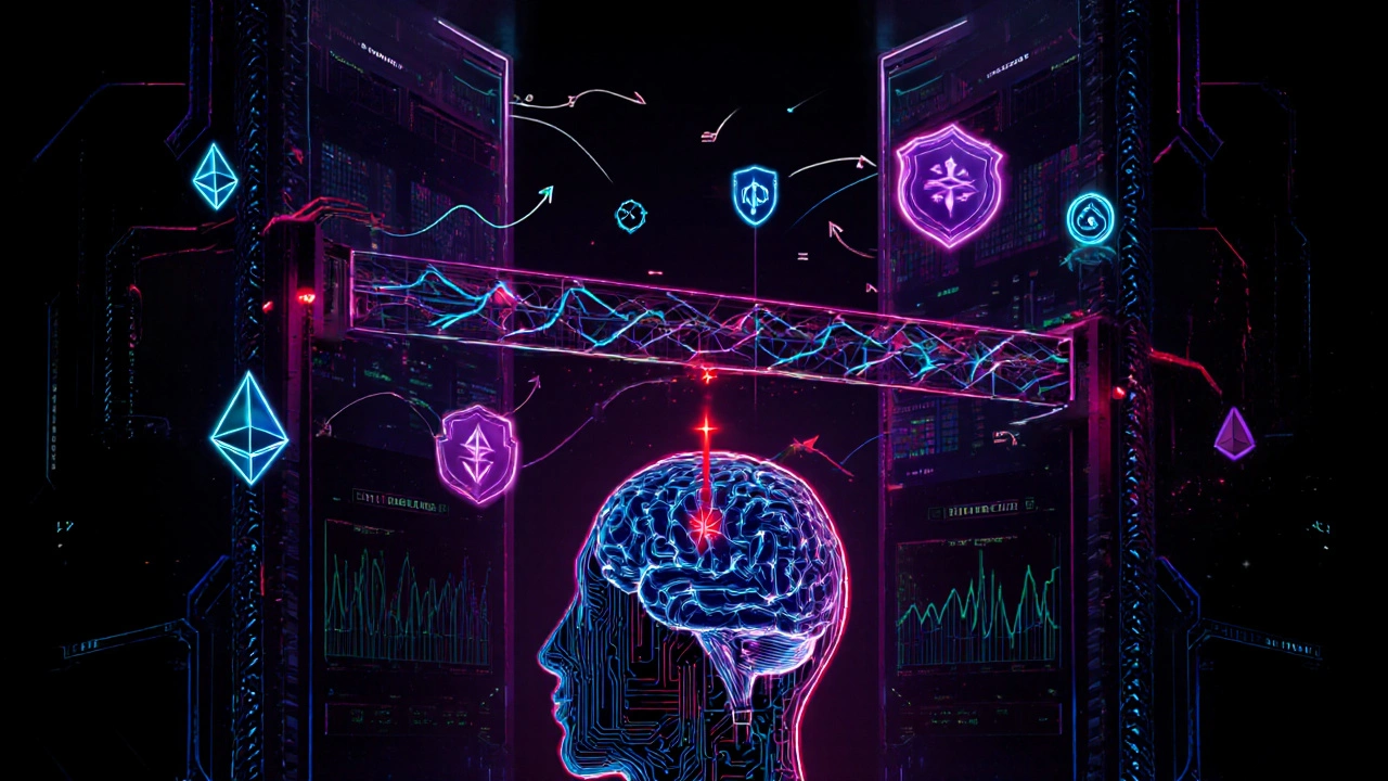 Futuristic control room showing AI‑powered cross‑chain data feeds and regulatory badges.