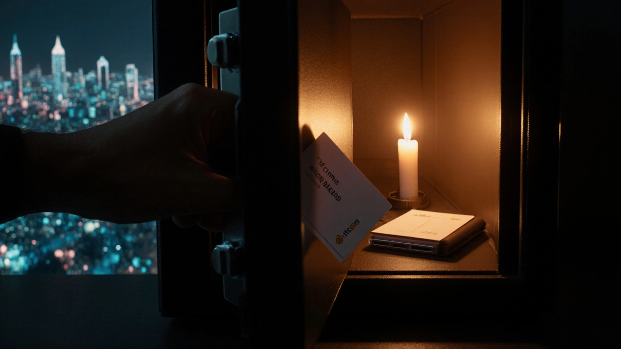 Hand putting a hardware wallet and seed card into an open fire‑proof safe.