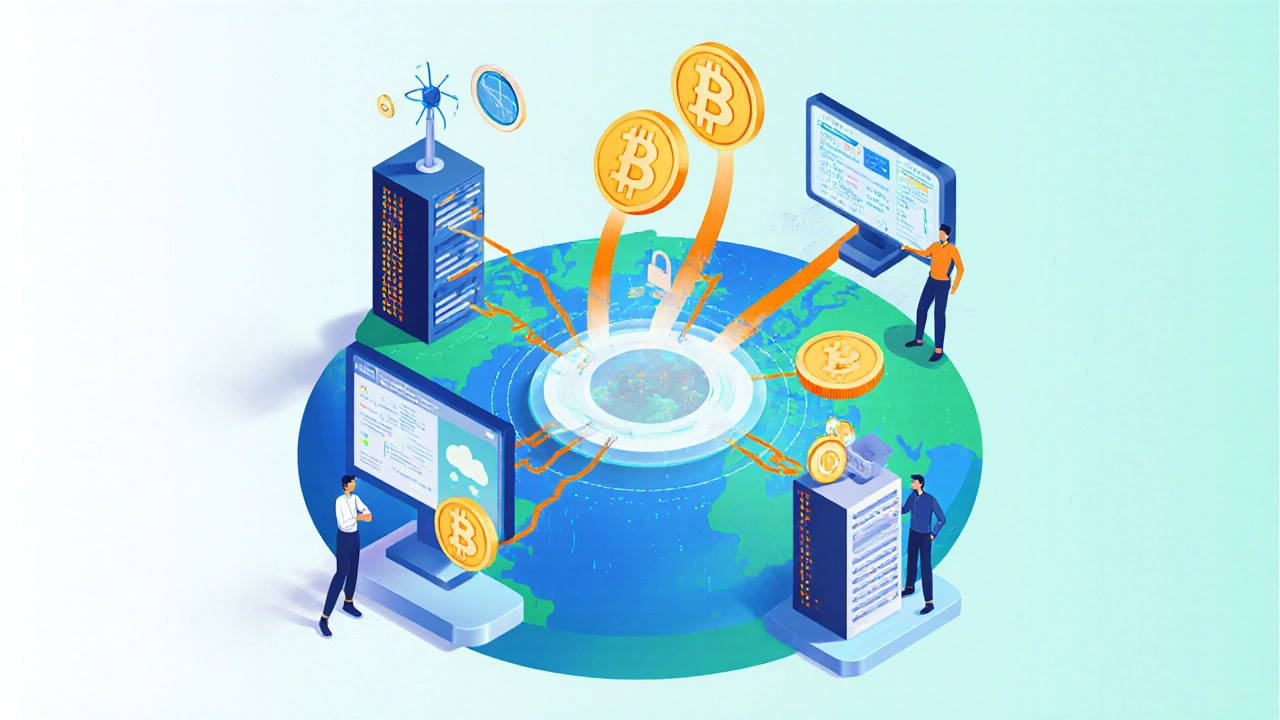 Isometric view of decentralized oracle nodes fetching data from various APIs and staking tokens.