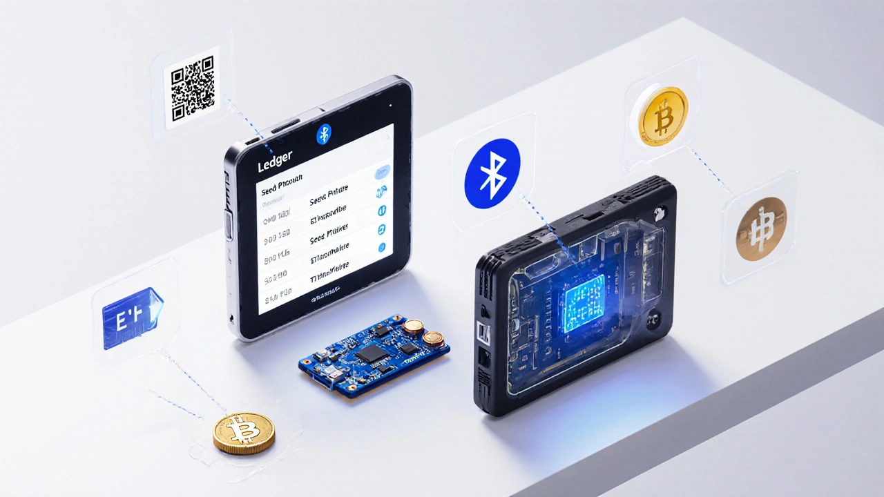 Side‑by‑side view of a Ledger Nano X and Trezor Model One showing screens and internal chips.