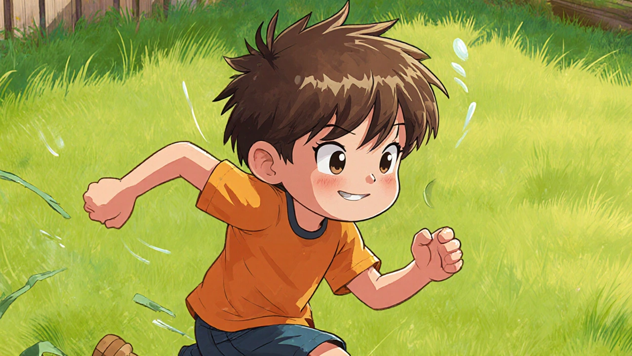 A boy with curtain bangs running through grass, hair framing his face.