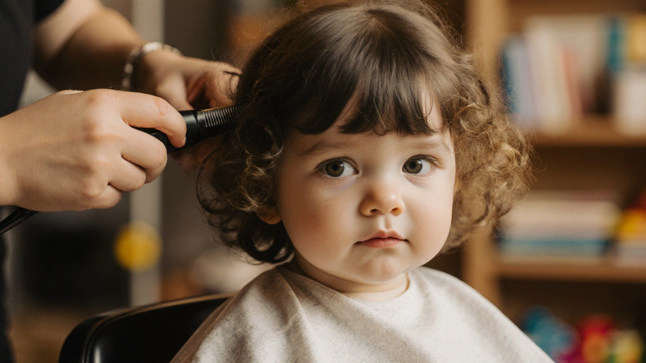 A toddler with curly curtain bangs getting a dry trim at a salon.