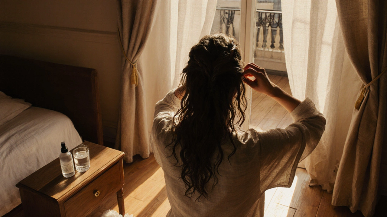 A woman braiding her damp hair before bed in a quiet, sunlit room.