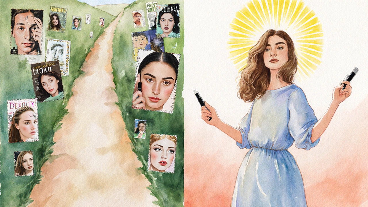 Artistic split image showing liberation from beauty trends toward self-acceptance