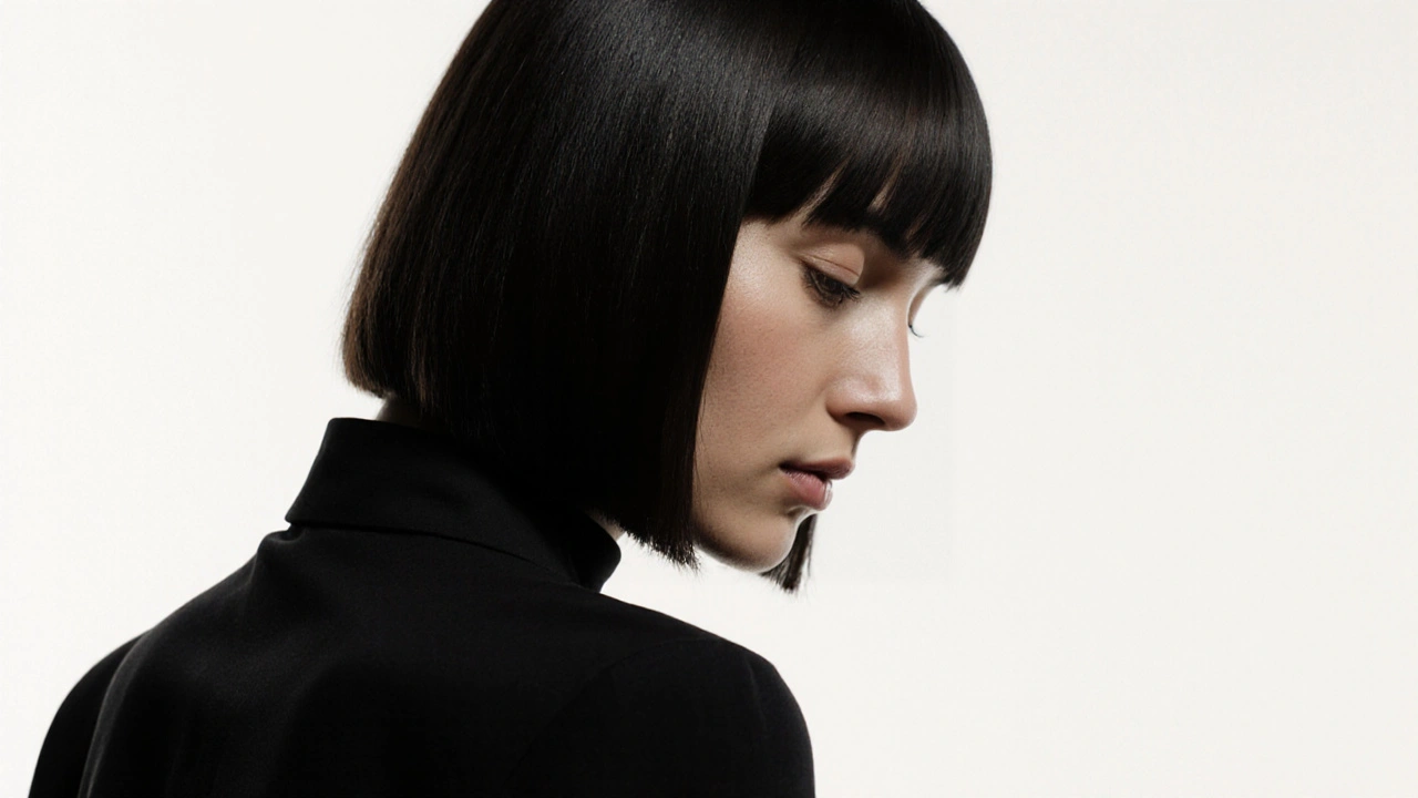 Blunt long haircut with a soft diagonal angle, glossy and sleek under studio light.