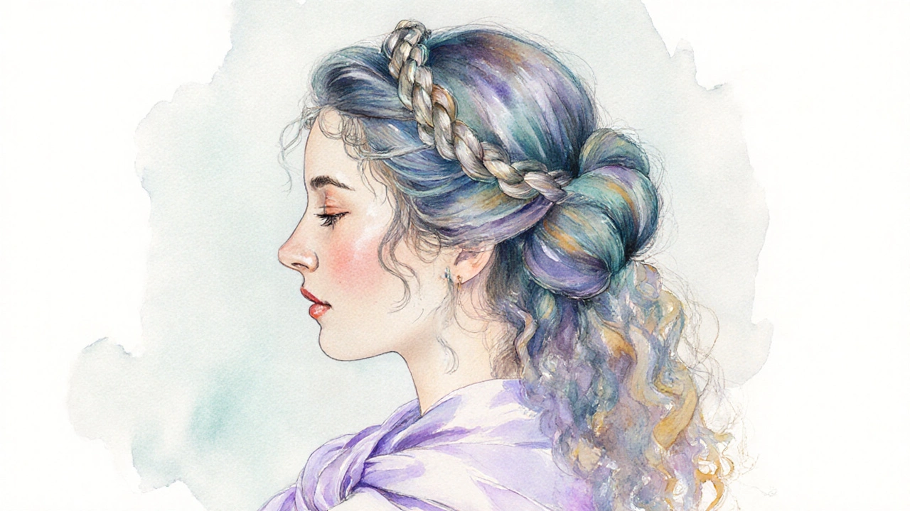 Braided crown updo on curly hair with silk scarf, artistic watercolor illustration.