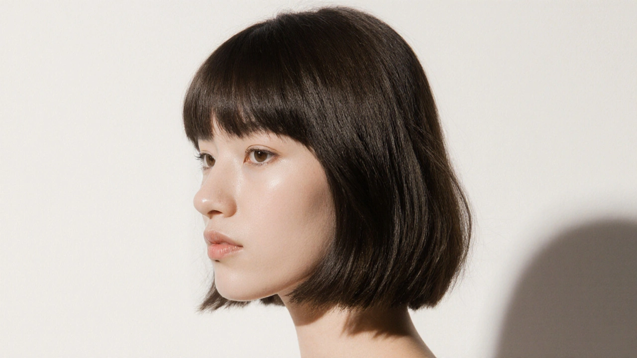 Chin-length bob with flared ends and side-swept bangs creating facial balance.