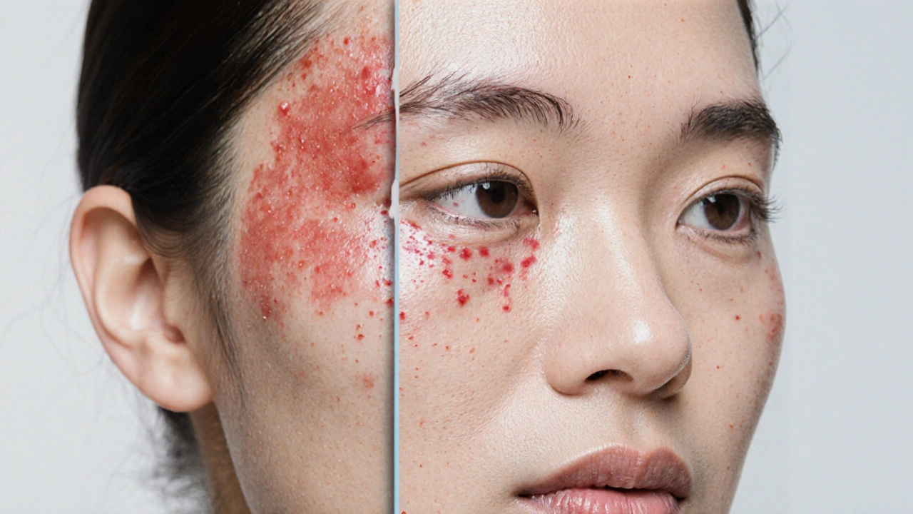 Close-up of face showing redness, ingrown bumps, and dark patch after waxing.
