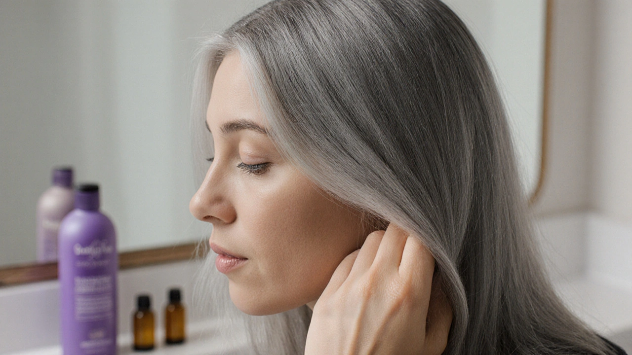 Close-up of hand running through gray hair, illuminated by soft light with moisturizing products nearby.