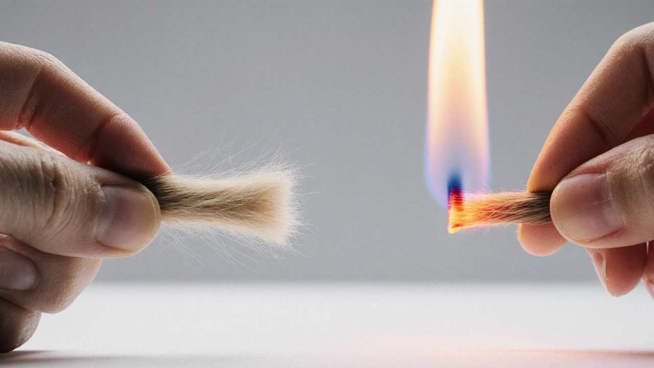 Close‑up of human hair being pulled and synthetic hair melting in a flame.