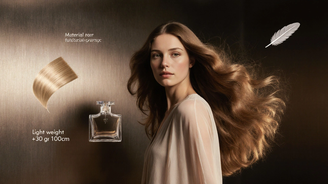 Confident woman showcases natural‑looking hair with floating icons for quality.