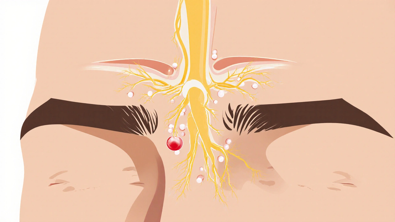 Cutaway illustration of forehead nerves, hair follicles and a small inflamed pore.