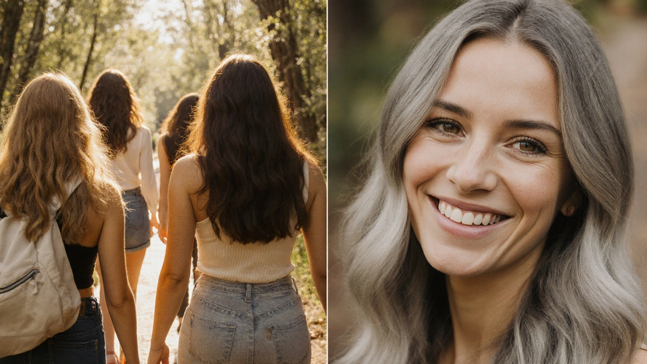 Diverse women walking through a sunlit forest, showcasing natural hair colors in authentic harmony.