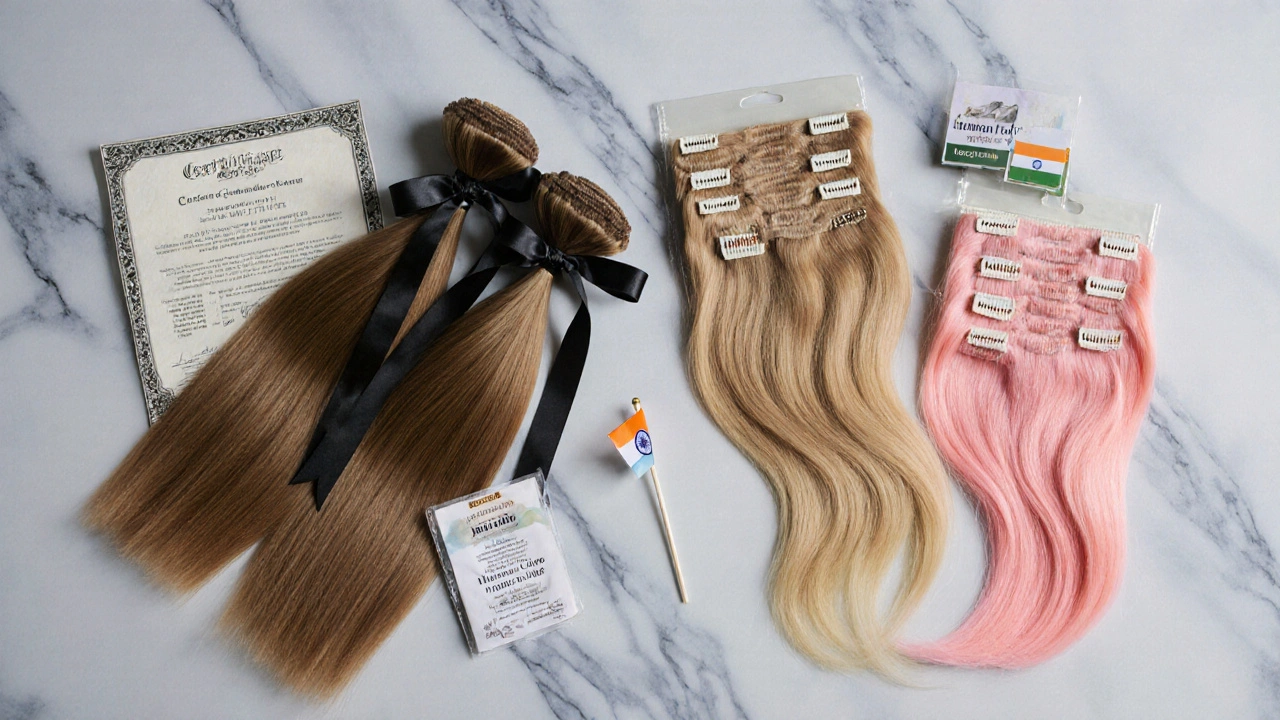 Flat‑lay comparison of human hair bundles and synthetic extensions with certificates and price tags.