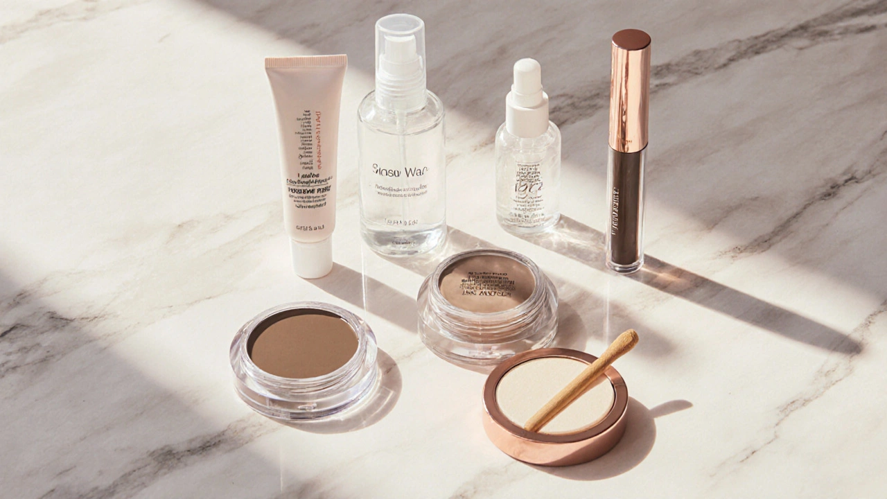 Flat lay of eyebrow makeup products arranged on a marble surface.