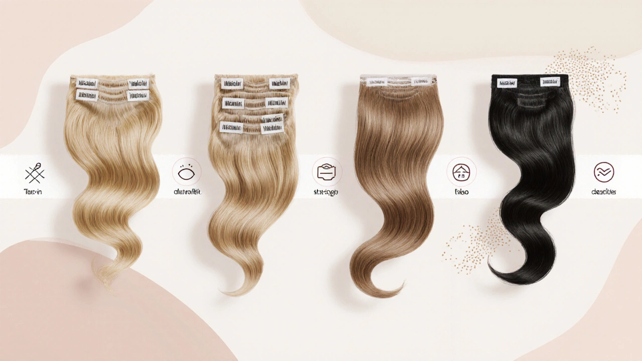 Four types of Bellami hair extensions floating in a minimalist composition with subtle icons.