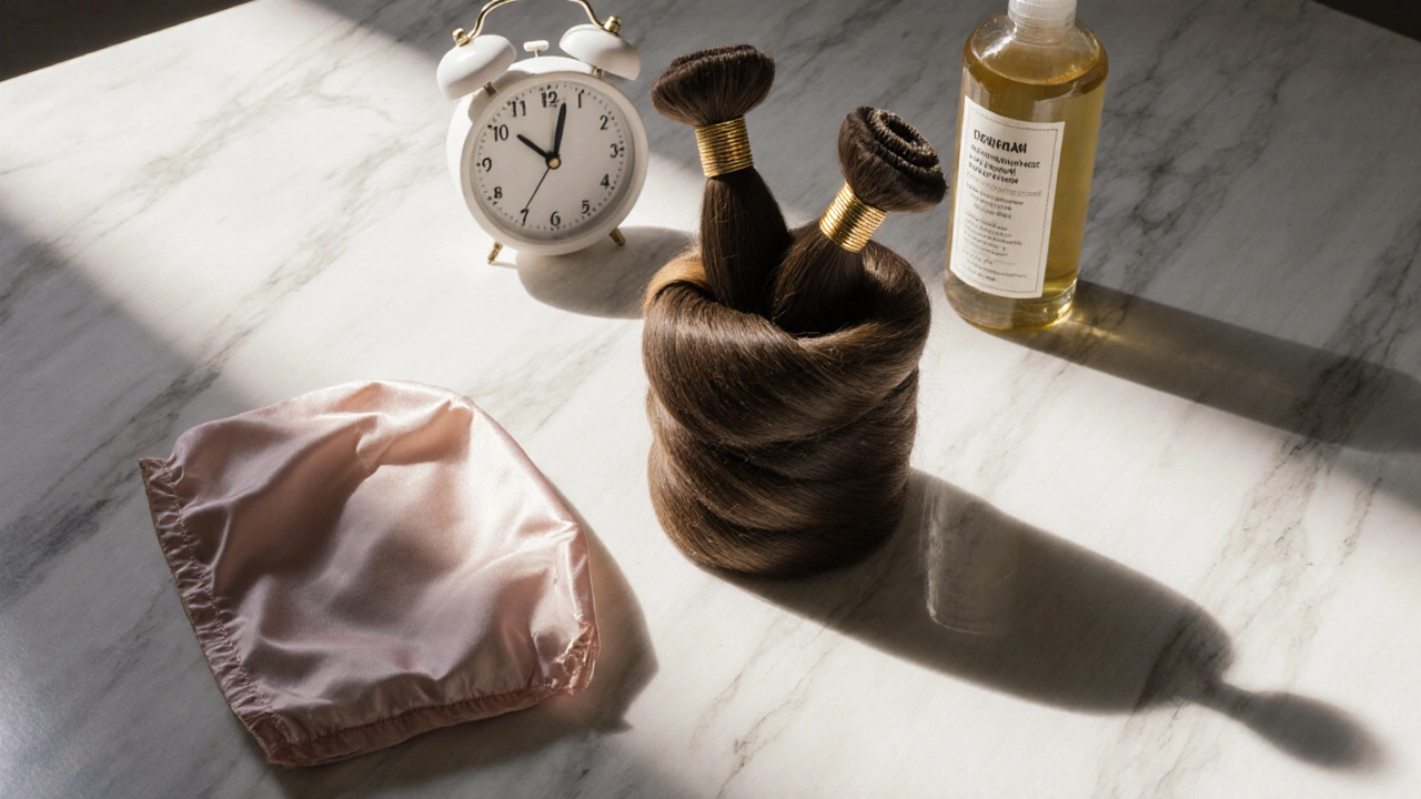 Hair extensions coiled on a cardboard tube with conditioning mask and silk cap