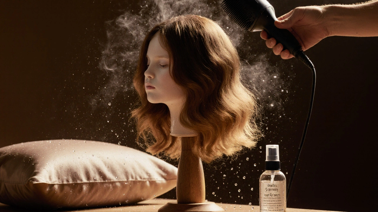 Hair extensions drying on a wig stand with diffuser and silk pillowcase nearby