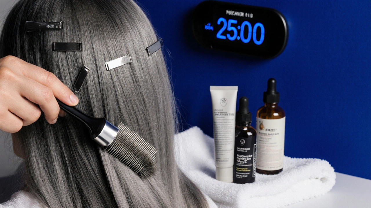 Hair sections being brushed with dye, with timer and after‑care products displayed.