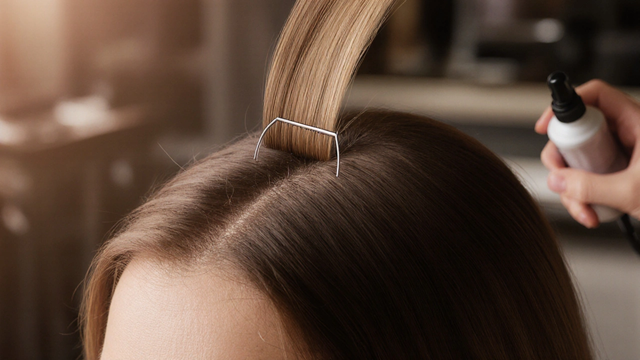 Halo extension wire on scalp covered by natural hair, with a strand showing cuticle alignment.