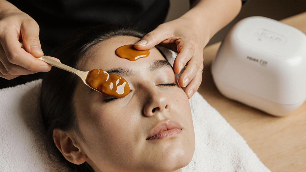 Hand applying warm hard wax beads precisely to eyebrows in a clean salon setting.