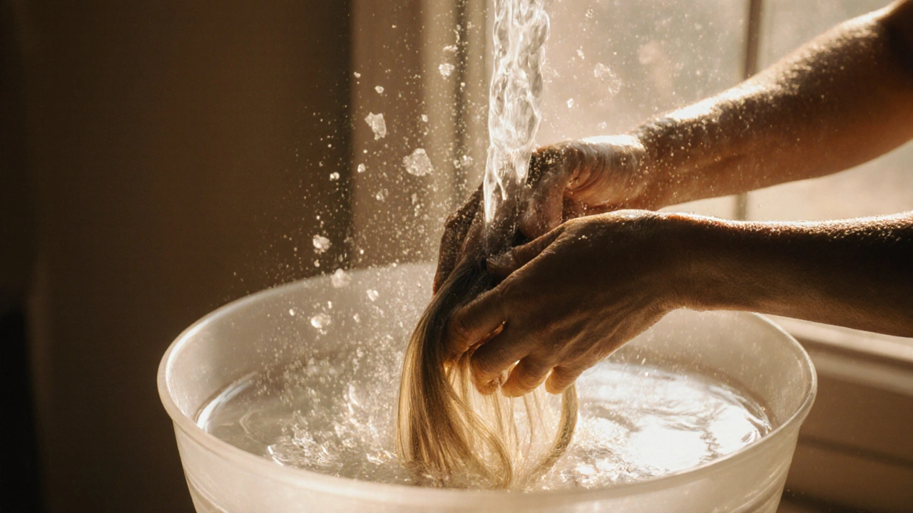 Hands gently washing hair extensions in water, silicone residue floating away.