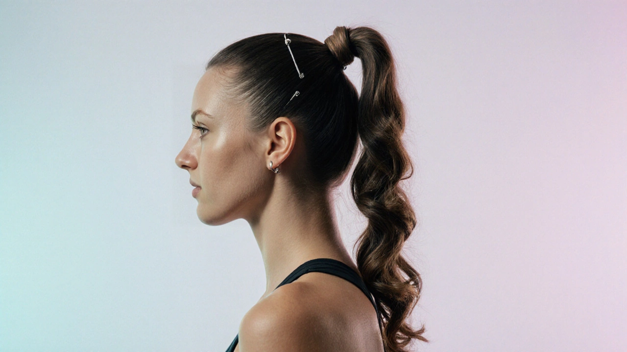 High ponytail with wrapped curls on a fit woman, hair lifted from face.