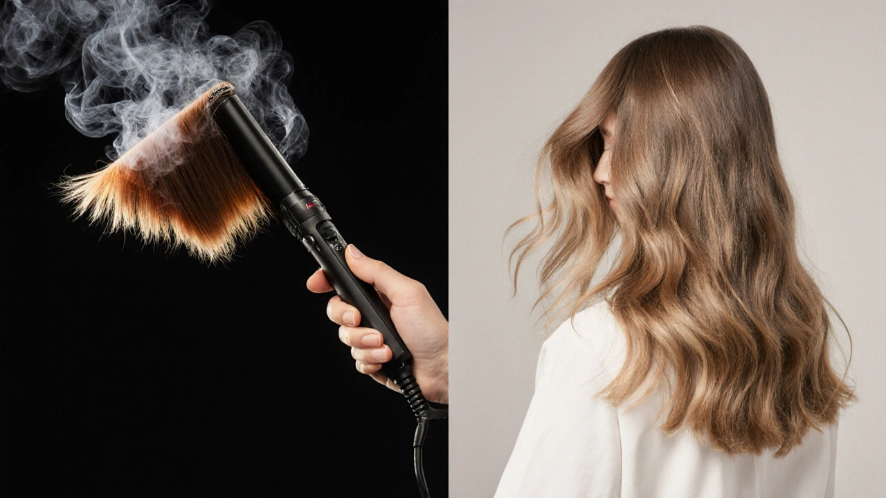 Hot Head extension vs synthetic hair under heat—glossy intact hair vs melted damage.