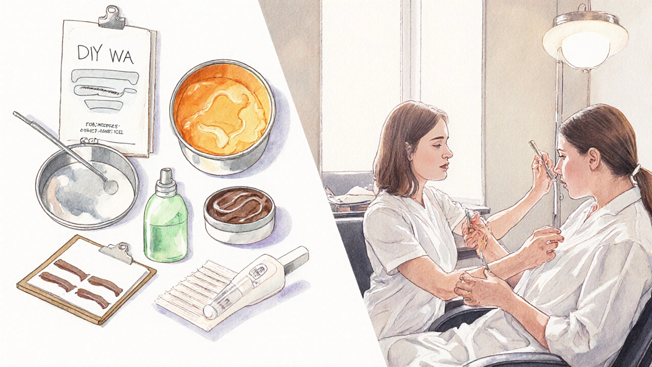 Illustration compares a DIY eyebrow waxing kit with a professional salon setup.