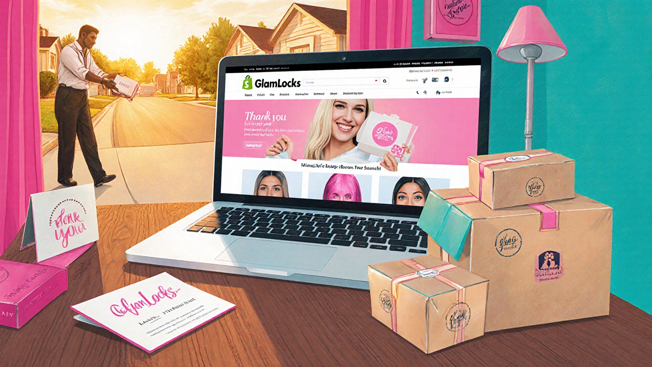 Illustration of a Shopify store launch with packed boxes and a customer receiving a package.