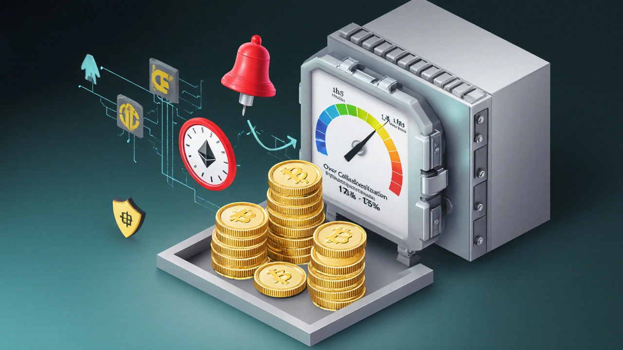 Isometric view of a CDP vault with ETH coins, over‑collateralization gauge, and liquidation alarm.