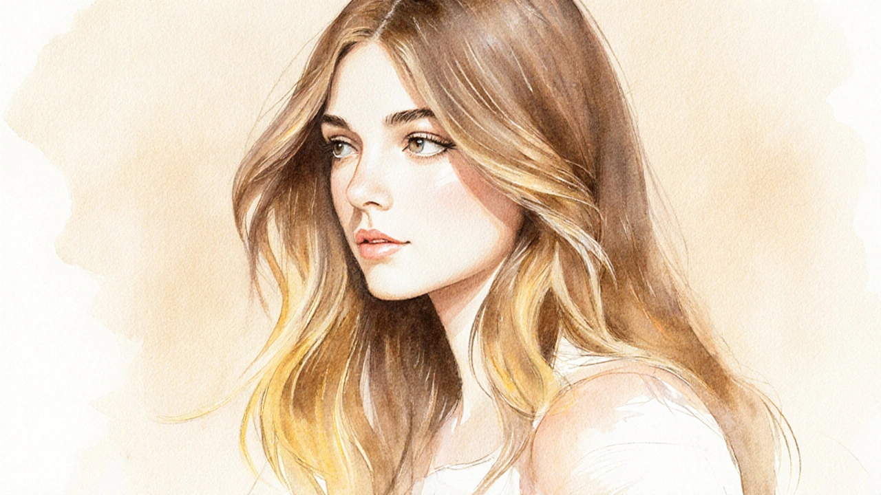 Layered long hair with face-framing pieces catching golden light, flowing naturally.