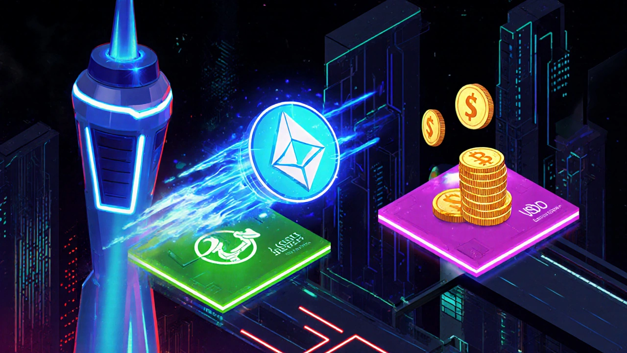 Neon scene showing an ETH flash loan moving between exchanges for arbitrage profit.