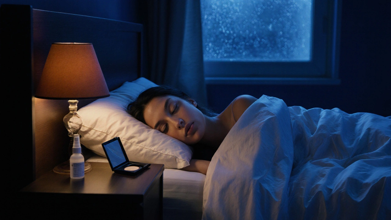 Nighttime bedroom scene showing a sleeping woman with flawless eyebrows.