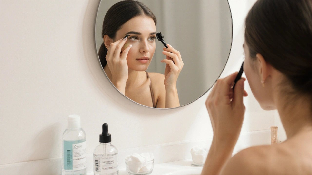Person checking brows in mirror with wax pen and micellar water nearby, natural daylight.