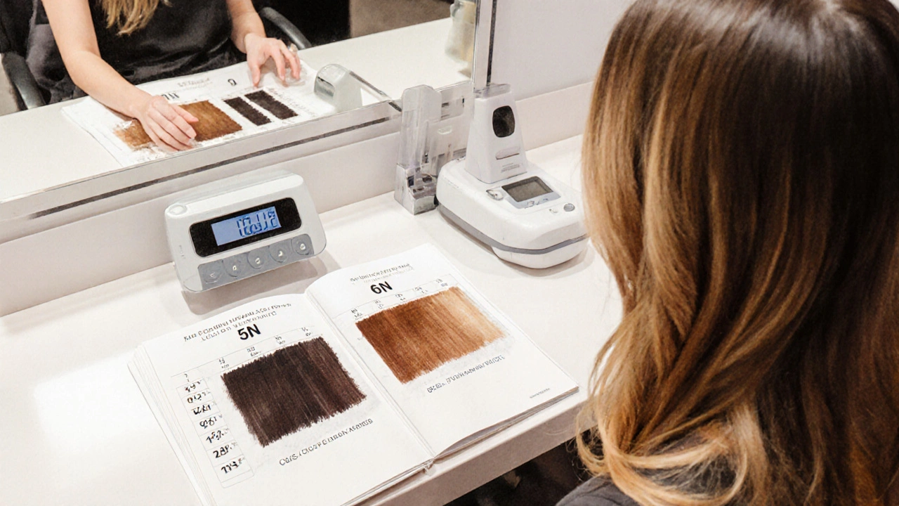 Salon scene with client, color chart, and colorimeter showing dark and medium brown hair options.