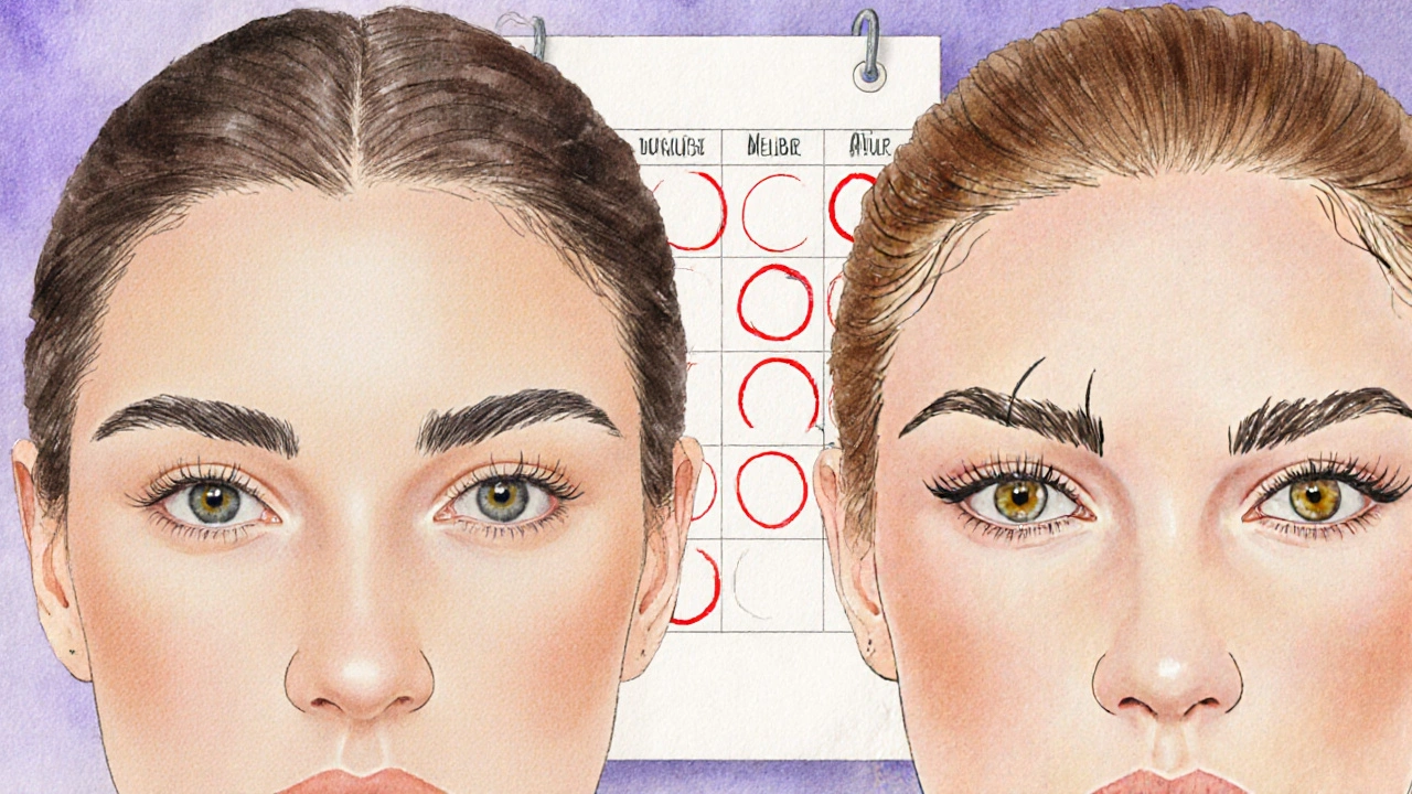 Side-by-side comparison of natural full brows versus overly threaded sparse brows.