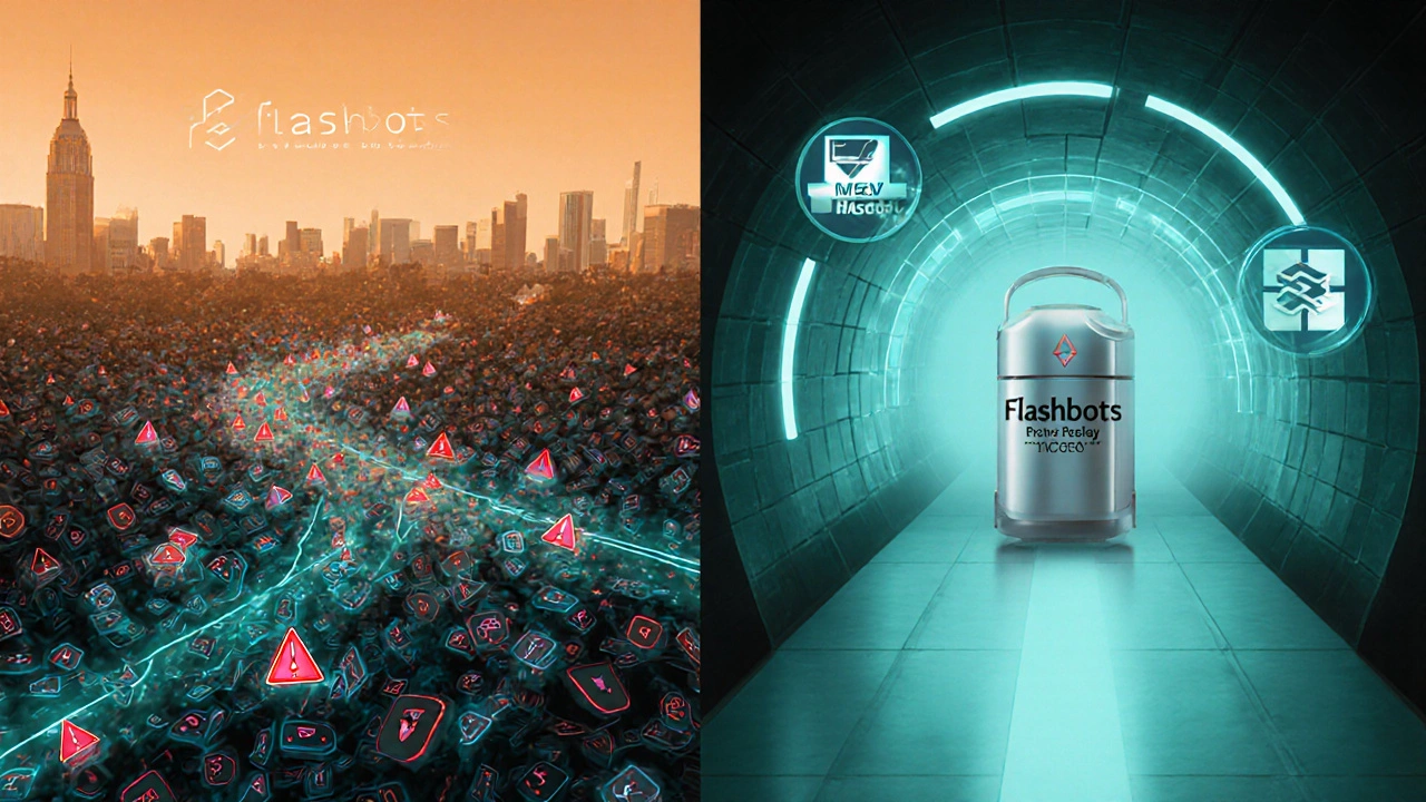 Side‑by‑side view of a noisy public mempool versus a private Flashbots relay tunnel.