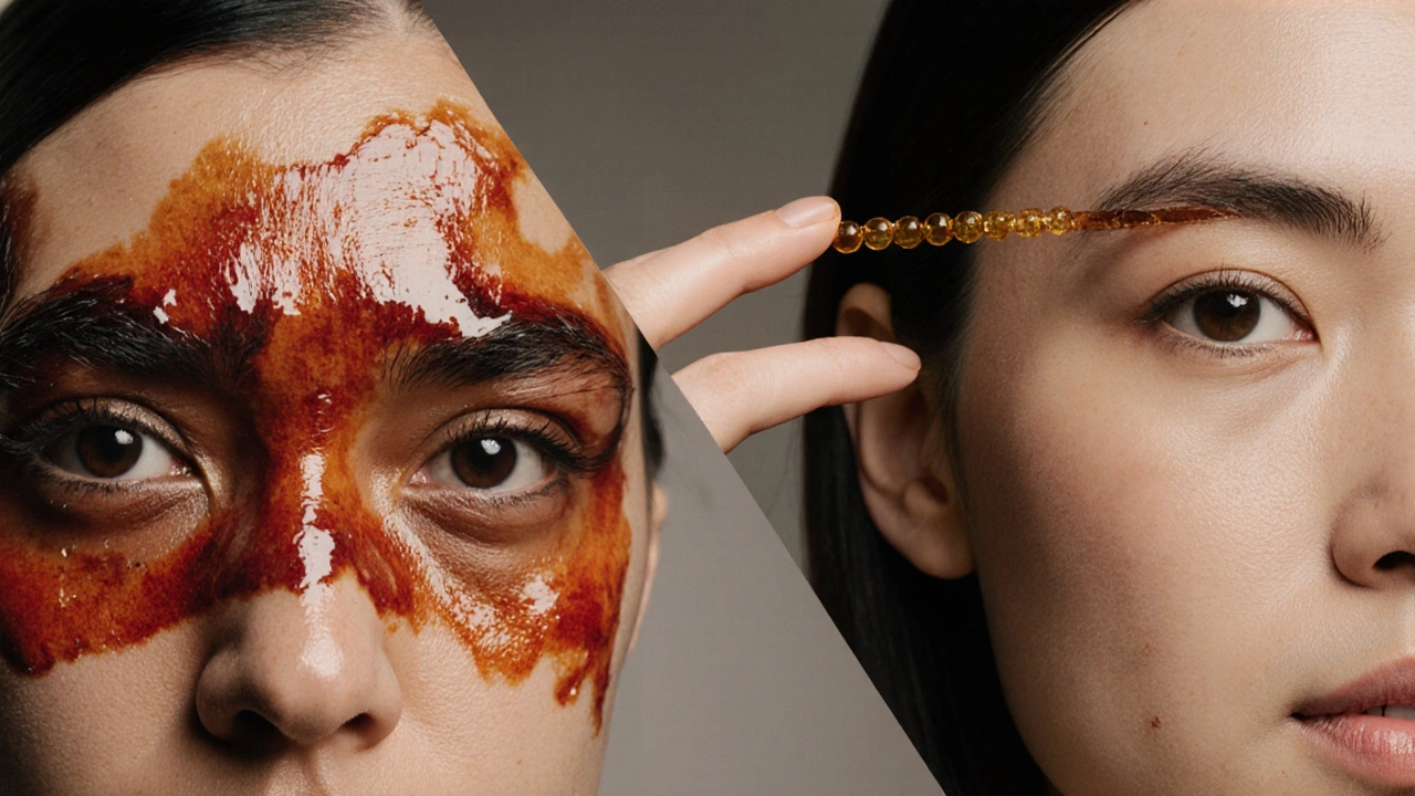 Split image: messy burnt wax on irritated skin vs. clean waxing result with no redness.