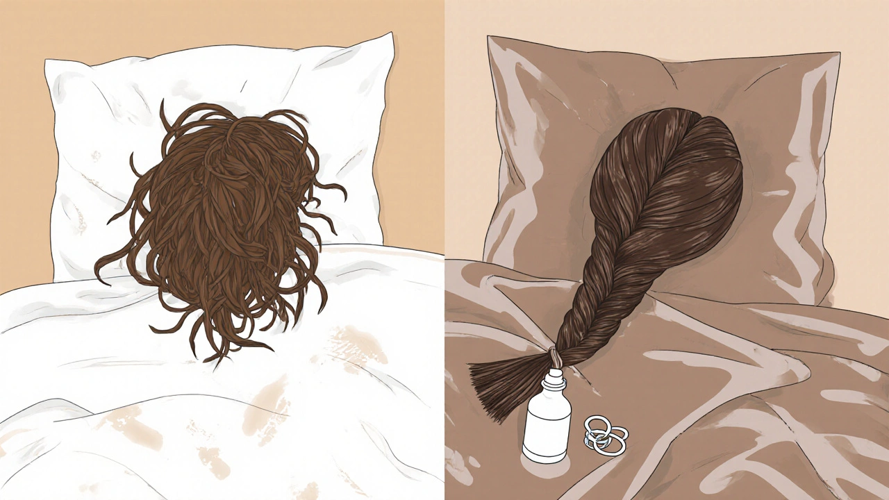 Split image showing damaged vs. protected sew-in extensions during sleep.