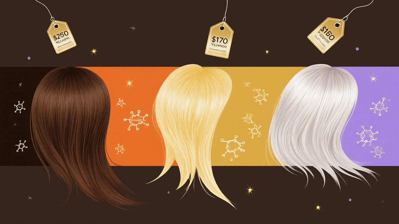 Split-image showing dark hair transforming through stages to platinum blonde with repair molecules.