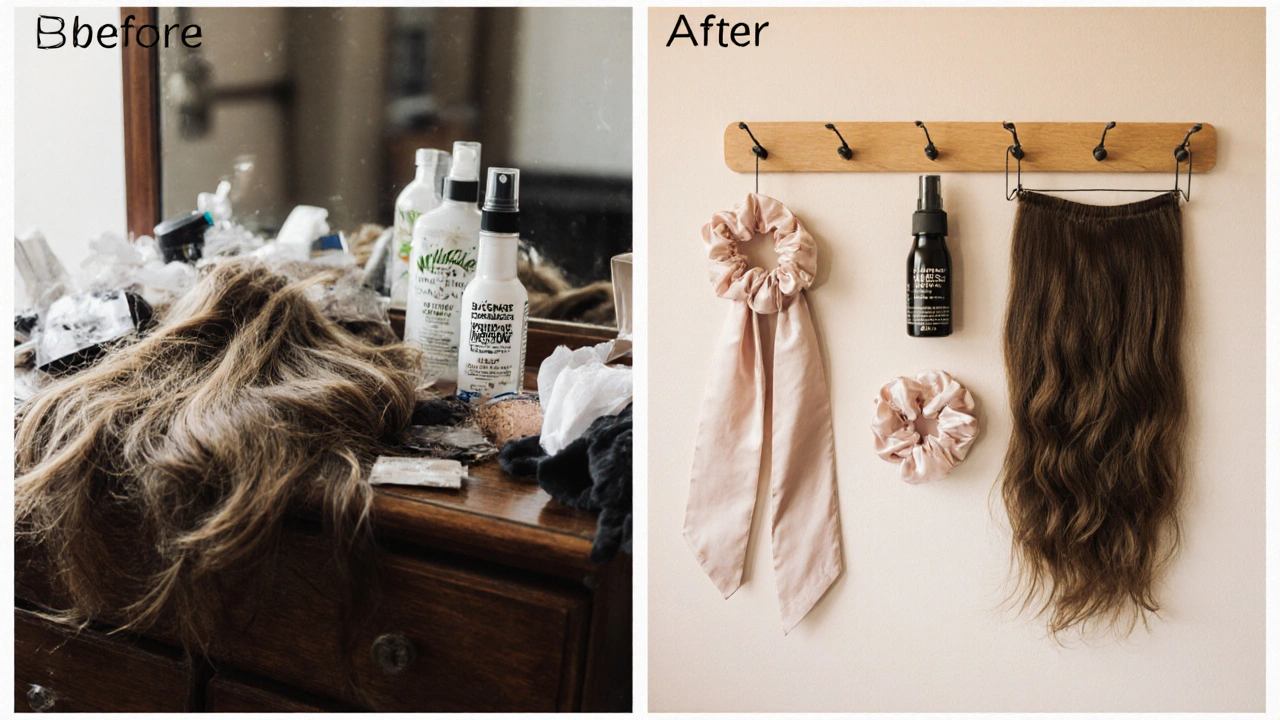 Tangled extensions vs. properly stored extensions on a wooden hook with care products.