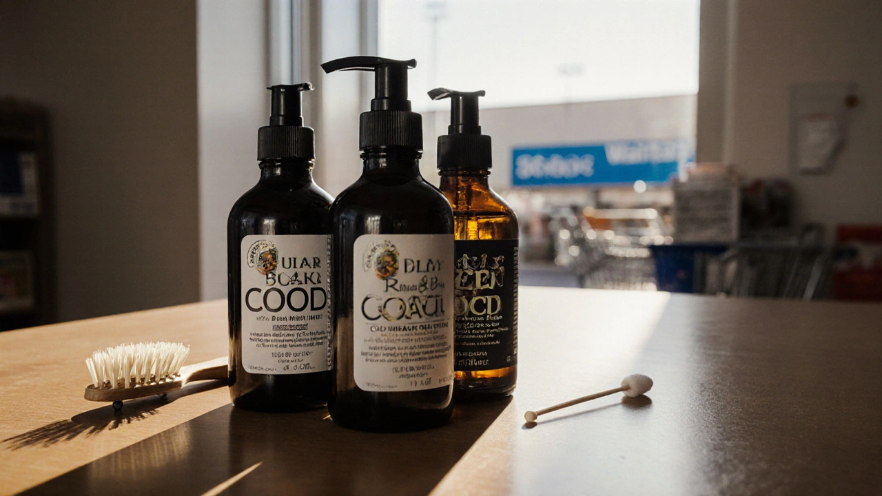 Three bottles of castor oil with spoolie brush on wooden surface, natural lighting.