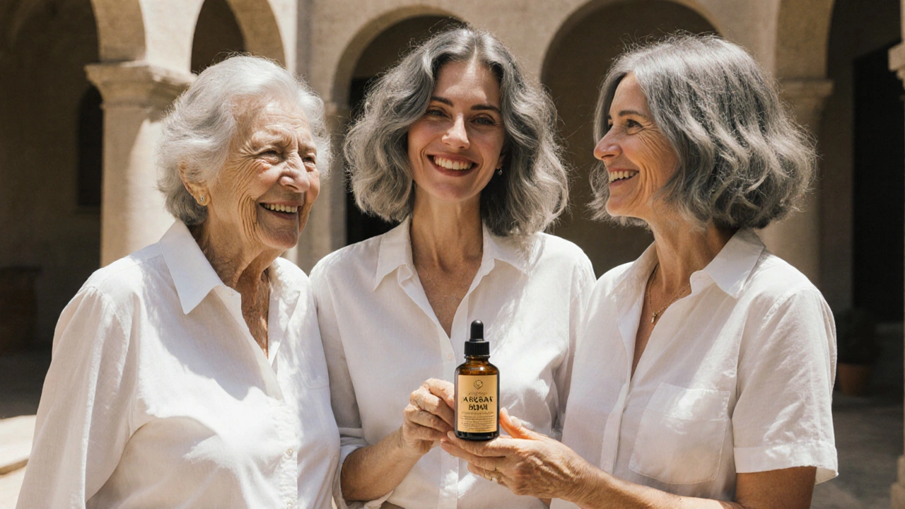 Three generations of women with natural gray and wavy hair standing together in sunlight.