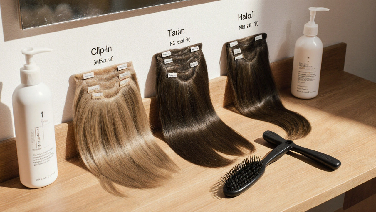 Three types of hair extensions arranged neatly on a vanity with grooming products.
