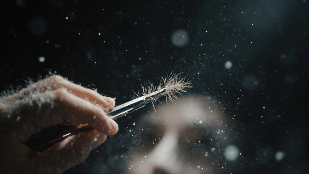 Tweezers above thin brows with floating hairs, ghostly outline of fuller brows beneath.