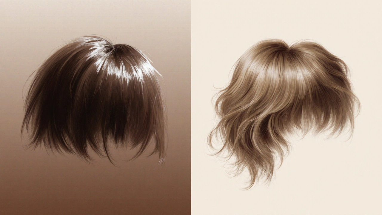 Two hair strands side by side: one glossy and artificial, the other soft and natural.