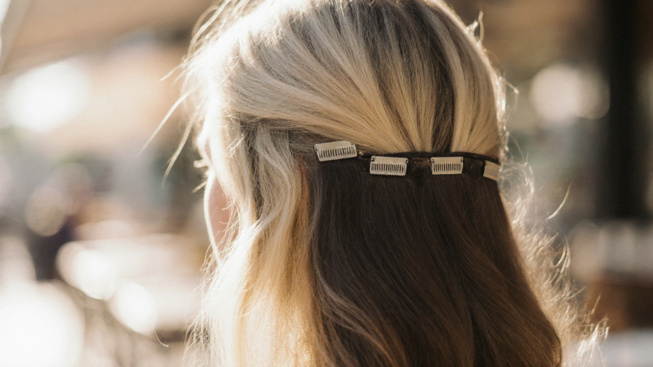 Two-toned clip-in extensions blending naturally into hair with sunlight.