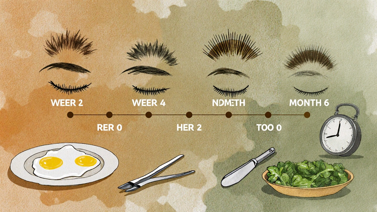 Watercolor timeline showing eyebrow regrowth from week 1 to month 6 with healthy habits.