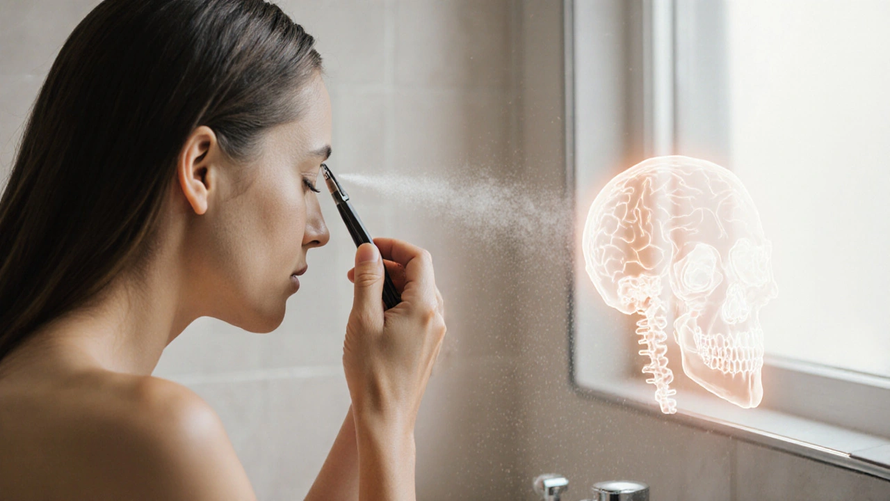 Woman after shower gently plucking brows with clean tweezers, brain protected behind her head.